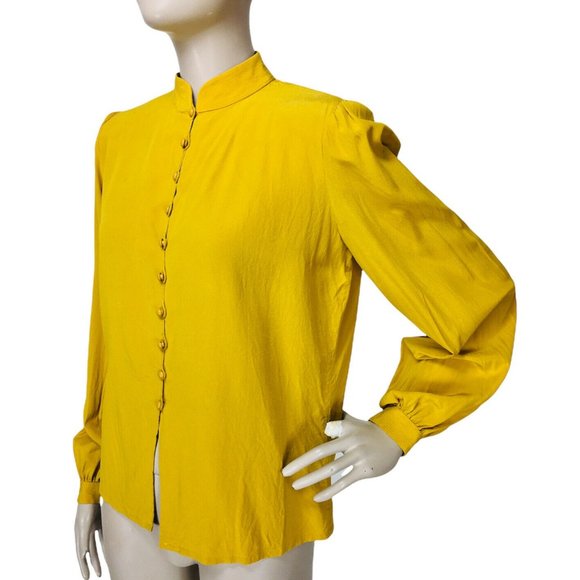 Vintage 90's Jean Louis Scherrer Paris Mustard Gold Crepe Button-Down Bl… - Picture 3 of 7